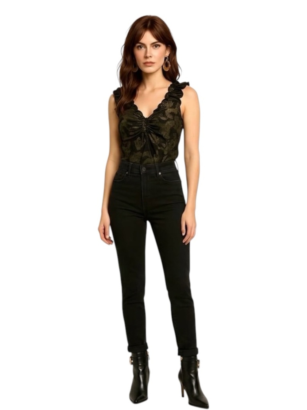 Bellina Gold Floral Corset Top Ruffle Sleeveless Blouse Classy Like New